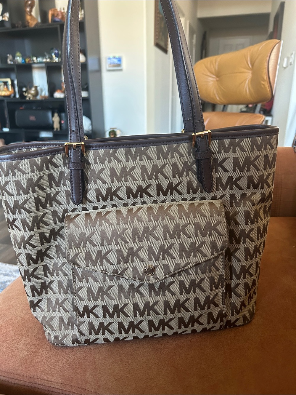Michael Kors Brown and Tan MK Logo Canvas Tote with Front Pocket